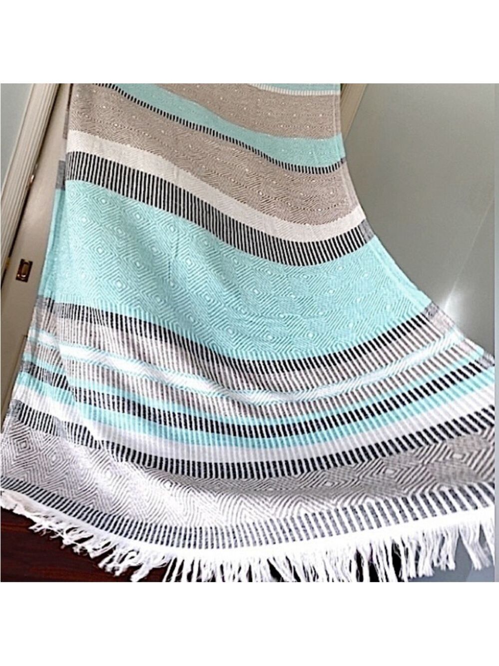Travel Wrap Blanket Sarong Hand Crafted Loom Weave 2 Side Organic Cotton Aqua